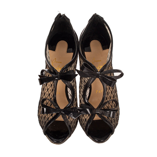 クリスチャンルブタン 2連リボン パンプス ブラック エナメル レース レディース Christian Louboutin 【中古】