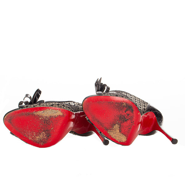 クリスチャンルブタン 2連リボン パンプス ブラック エナメル レース レディース Christian Louboutin 【中古】