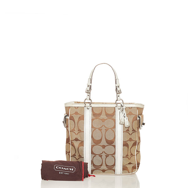 コーチ シグネチャー トートバッグ ベージュ キャンバス レザー レディース COACH 【中古】