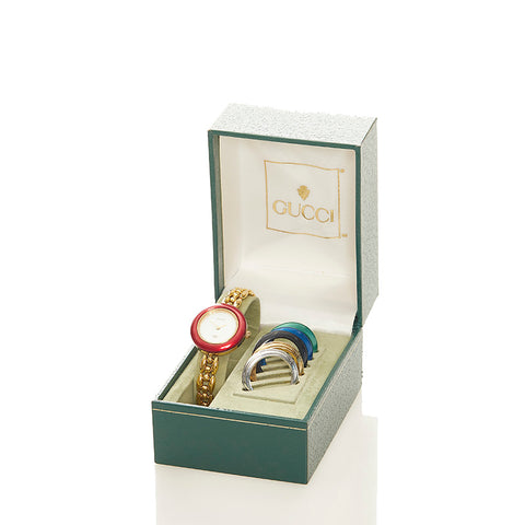 グッチ チェンジベゼル メッキ 腕時計 レディース GUCCI クオーツ ホワイト文字盤 【中古】