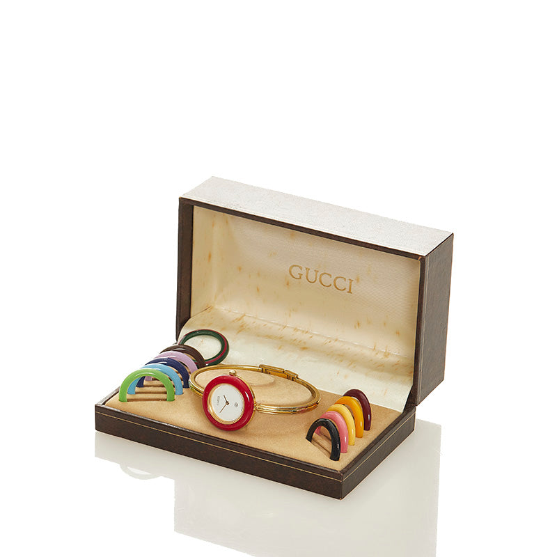 グッチ チェンジベゼル メッキ 腕時計 レディース GUCCI クオーツ ホワイト文字盤 【中古】