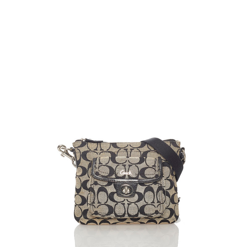 コーチ ベージュ ブラック キャンバス レザー ショルダーバッグ レディース COACH 【中古】