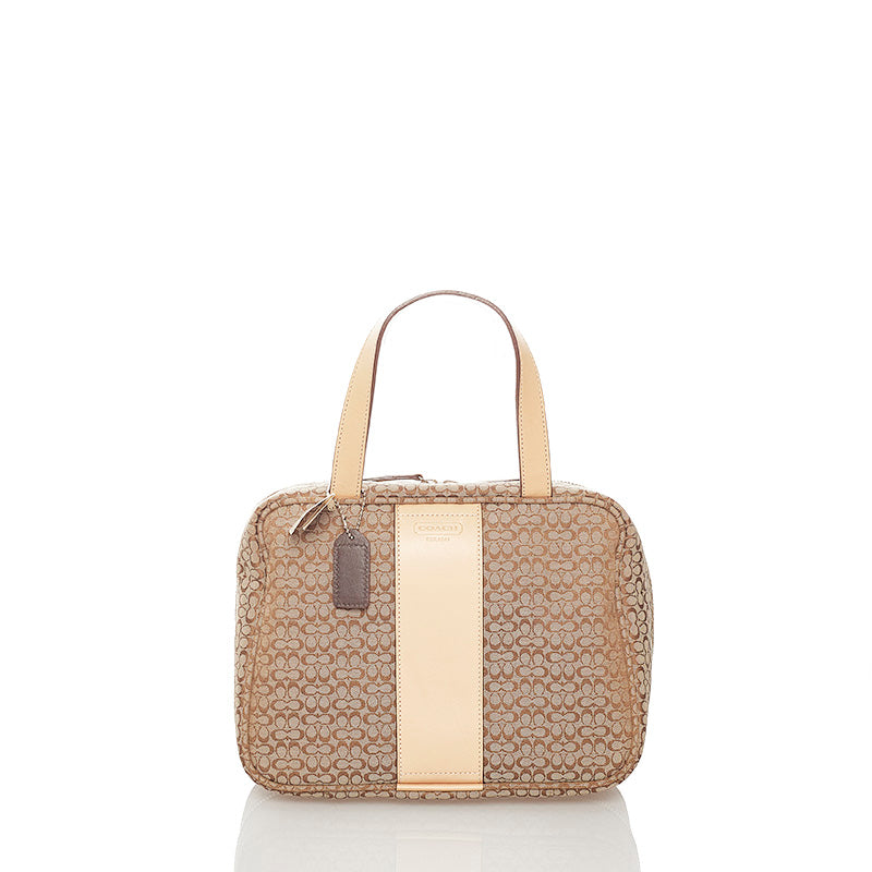 コーチ ミニシグネチャー ハンドバッグ ベージュ ブラウン キャンバス レザー レディース COACH 【中古】