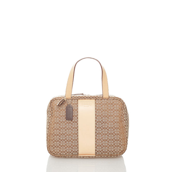 コーチ ミニシグネチャー ハンドバッグ ベージュ ブラウン キャンバス レザー レディース COACH 【中古】