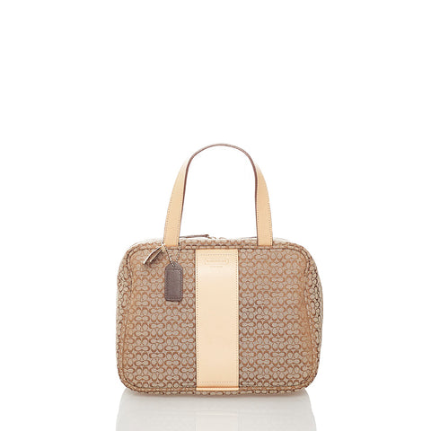 コーチ ミニシグネチャー ハンドバッグ ベージュ ブラウン キャンバス レザー レディース COACH 【中古】
