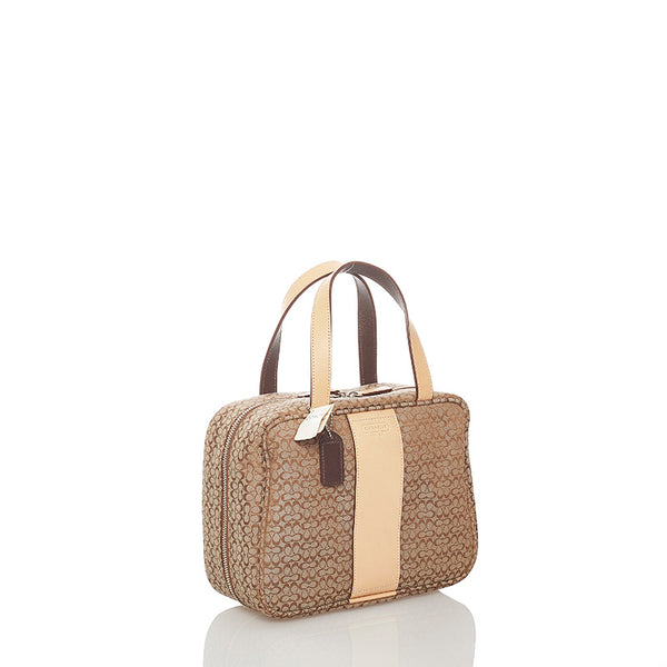 コーチ ミニシグネチャー ハンドバッグ ベージュ ブラウン キャンバス レザー レディース COACH 【中古】