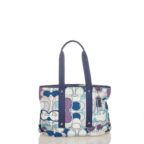 コーチ カラフルトートバッグ ブルー パープル ホワイト ナイロン キャンバス ショルダーバッグ トートバッグ レディース COACH 【中古】