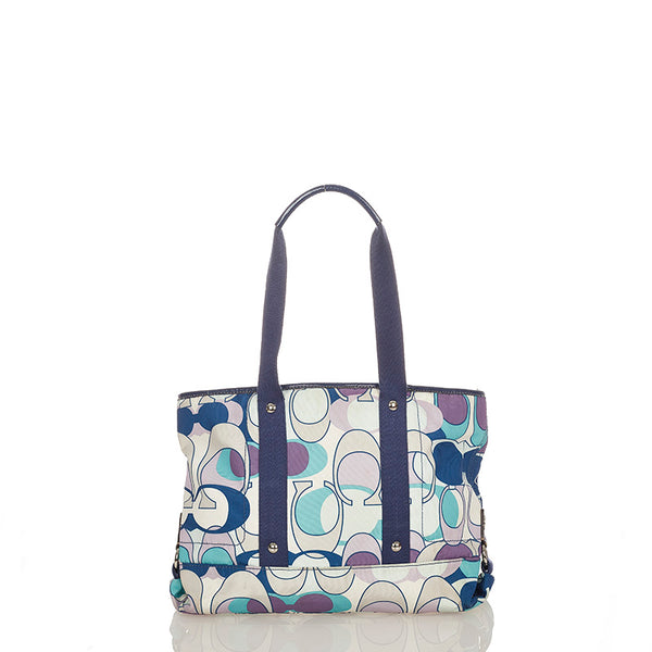 コーチ カラフルトートバッグ ブルー パープル ホワイト ナイロン キャンバス ショルダーバッグ トートバッグ レディース COACH 【中古】