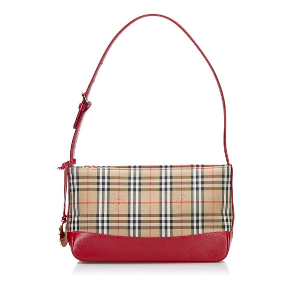 バーバリー ノバチェック シャドーホース ハンドバッグ ベージュ レッド キャンバス レザー レディース BURBERRY 【中古】