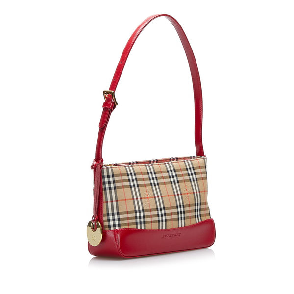 バーバリー ノバチェック シャドーホース ハンドバッグ ベージュ レッド キャンバス レザー レディース BURBERRY 【中古】