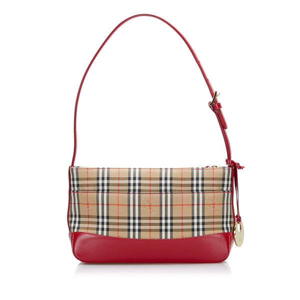 バーバリー ノバチェック シャドーホース ハンドバッグ ベージュ レッド キャンバス レザー レディース BURBERRY 【中古】
