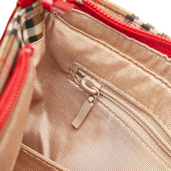 バーバリー ノバチェック シャドーホース ハンドバッグ ベージュ レッド キャンバス レザー レディース BURBERRY 【中古】