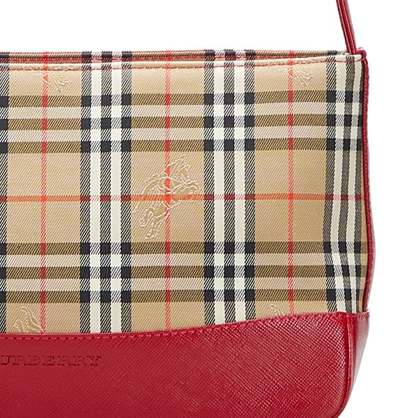 バーバリー ノバチェック シャドーホース ハンドバッグ ベージュ レッド キャンバス レザー レディース BURBERRY 【中古】