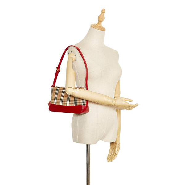 バーバリー ノバチェック シャドーホース ハンドバッグ ベージュ レッド キャンバス レザー レディース BURBERRY 【中古】