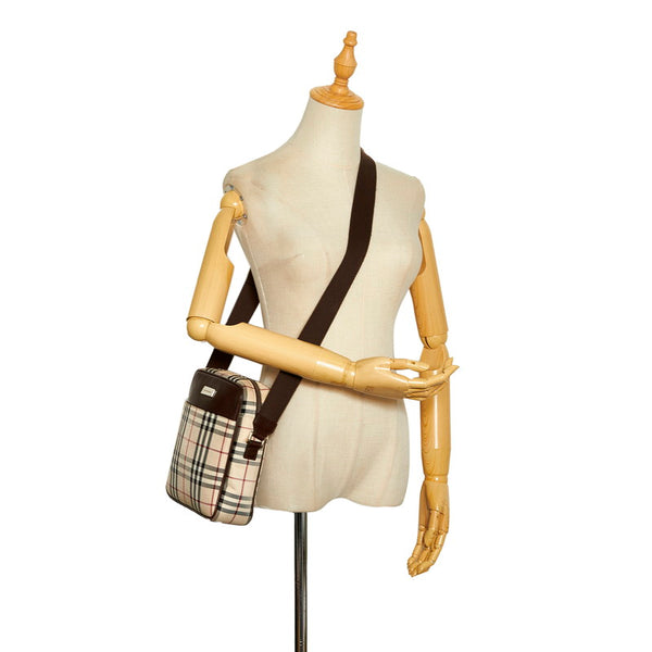 バーバリー ノバチェック 斜め掛け ショルダーバッグ ベージュ ブラック キャンバス レザー レディース BURBERRY 【中古】