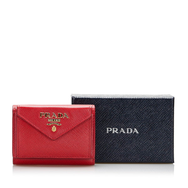 プラダ サフィアーノ 三つ折り財布 コンパクトウォレット 1MH021 レッド レザー レディース PRADA 【中古】