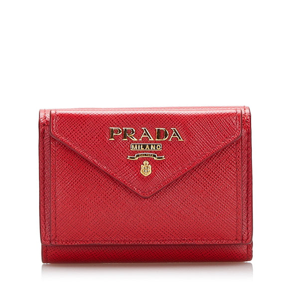 プラダ サフィアーノ 三つ折り財布 コンパクトウォレット 1MH021 レッド レザー レディース PRADA 【中古】