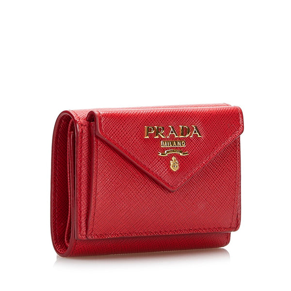 プラダ サフィアーノ 三つ折り財布 コンパクトウォレット 1MH021 レッド レザー レディース PRADA 【中古】