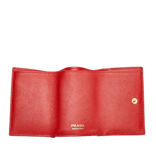 プラダ サフィアーノ 三つ折り財布 コンパクトウォレット 1MH021 レッド レザー レディース PRADA 【中古】