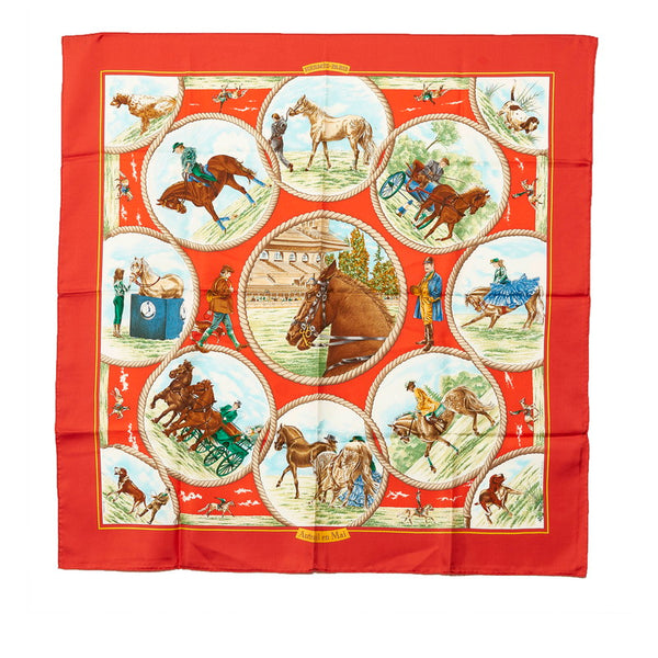 エルメス カレ90 Auteuil en Mai オートゥイユの5月 スカーフ レッド マルチカラー シルク レディース HERMES 【中古】