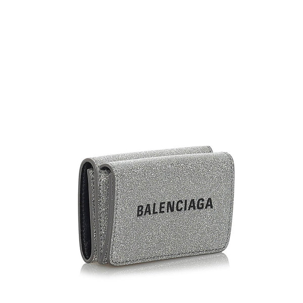 バレンシアガ エブリデイ 三つ折り財布 551921 シルバー ラメ レザー レディース BALENCIAGA 【中古】