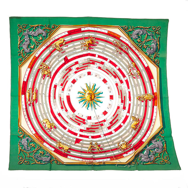 エルメス カレ90 DIES ET HORE 占星術 グリーン マルチ シルク スカーフ レディース HERMES 【中古】