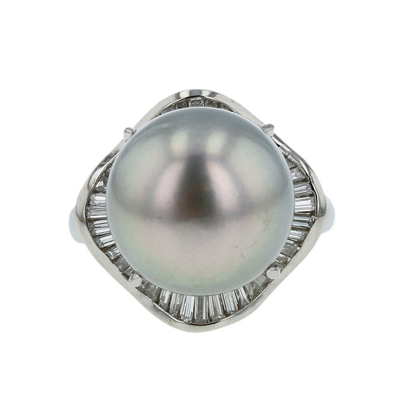 Pt900 プラチナ 黒蝶真珠13.1mm ダイヤ0.72ct リング 指輪 レディース 10.5号 【中古】