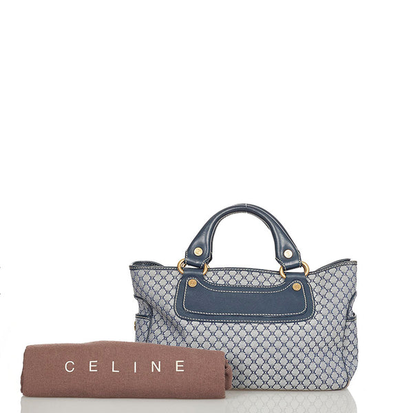 セリーヌ マカダム ブギーバッグ ブルー ネイビー キャンバス レザー ハンドバッグ レディース CELINE 【中古】
