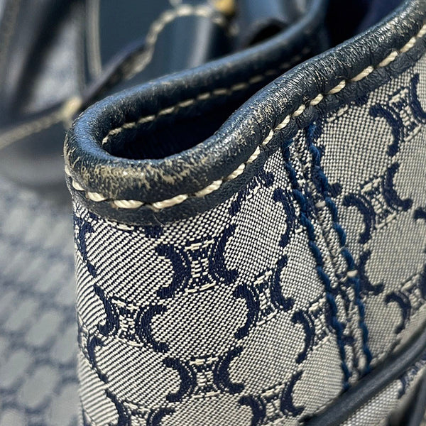 セリーヌ マカダム ブギーバッグ ブルー ネイビー キャンバス レザー ハンドバッグ レディース CELINE 【中古】