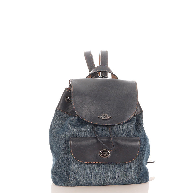 コーチ フラワー F57547 ネイビーブラック デニム レザー リュック バックパック レディース COACH 【中古】
