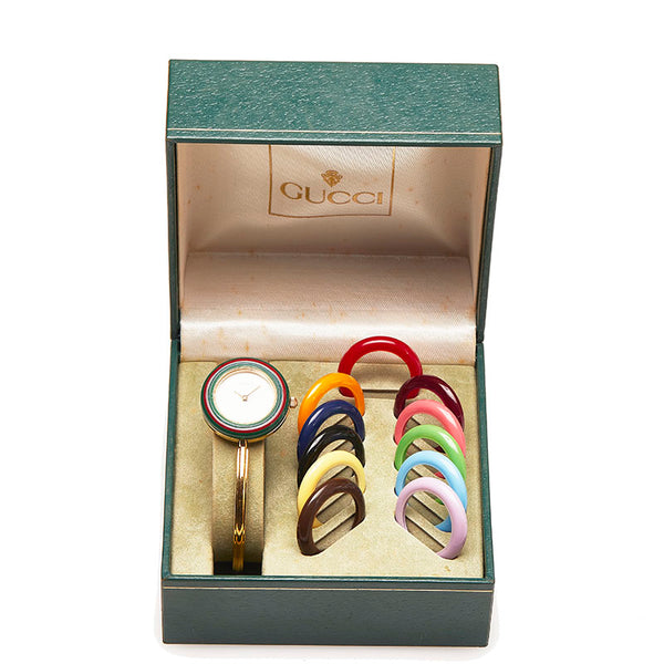 グッチ チェンジヘゼル　12色 腕時計 11/12.2 クオーツ ホワイト文字盤 メッキ レディース GUCCI 【中古】
