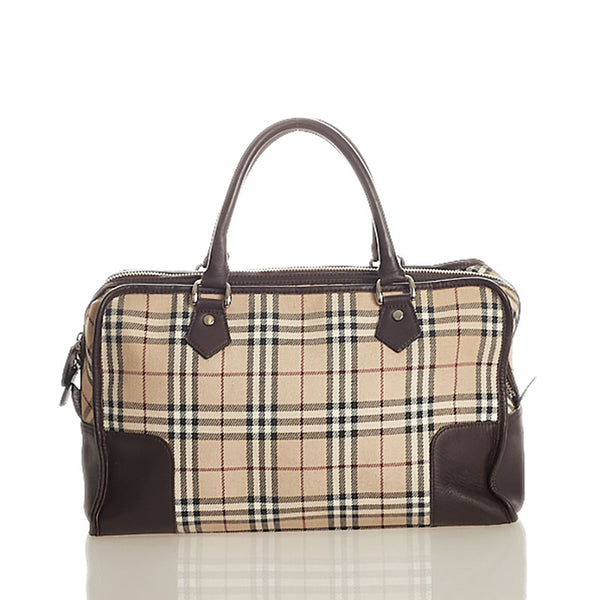 バーバリー ノバチェック ベージュ ブラウン キャンバス レザー ボストンバッグ レディース BURBERRY 【中古】