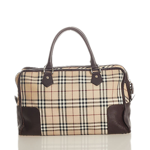 バーバリー ノバチェック ベージュ ブラウン キャンバス レザー ボストンバッグ レディース BURBERRY 【中古】