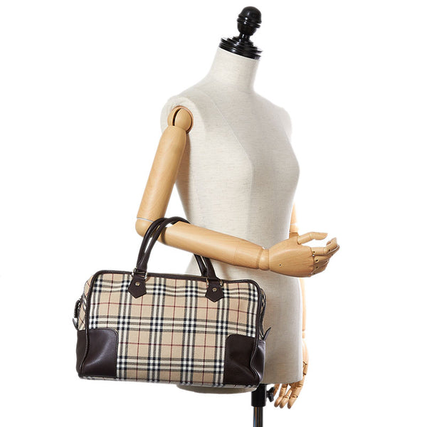 バーバリー ノバチェック ベージュ ブラウン キャンバス レザー ボストンバッグ レディース BURBERRY 【中古】
