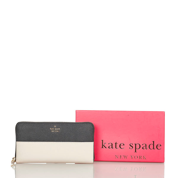ケイトスペード ベージュ ブラック レザー ラウンドファスナー 長財布 レディース Kate Spade 【中古】