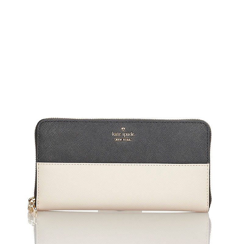 ケイトスペード ベージュ ブラック レザー ラウンドファスナー 長財布 レディース Kate Spade 【中古】
