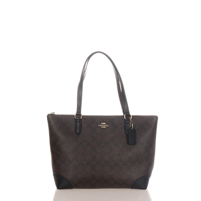 コーチ シグネチャー F29208 ブラウン ブラック PVC レザー ハンドバッグ レディース COACH 【中古】