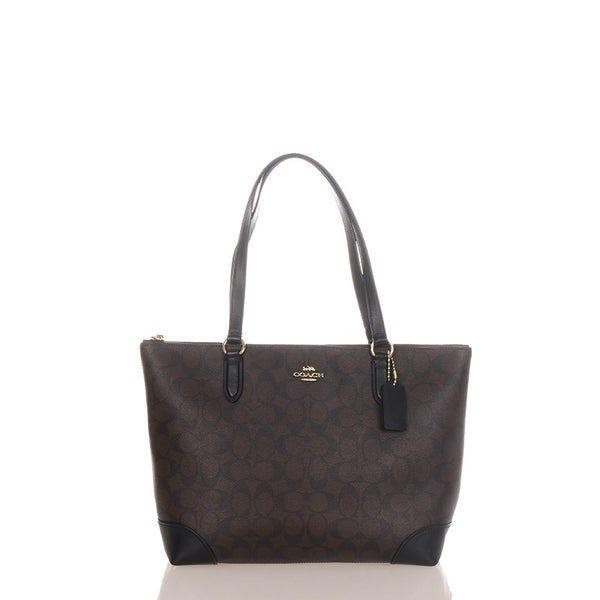 コーチ シグネチャー F29208 ブラウン ブラック PVC レザー ハンドバッグ レディース COACH 【中古】