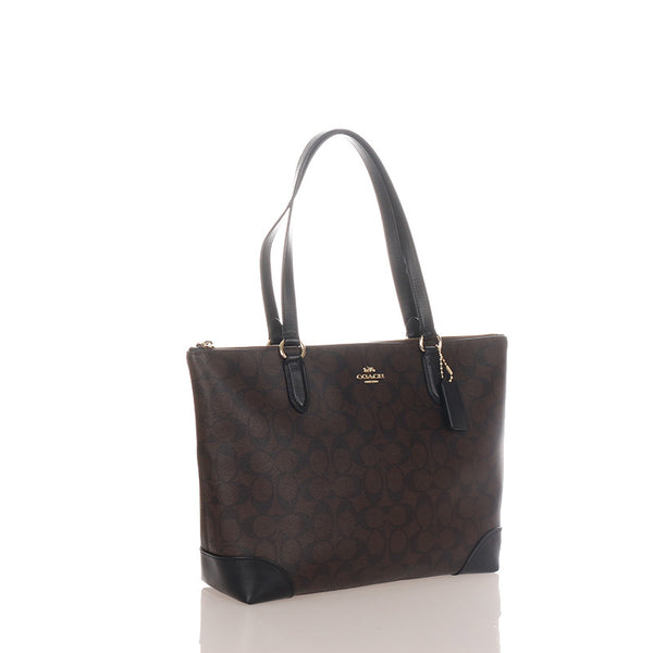 コーチ シグネチャー F29208 ブラウン ブラック PVC レザー ハンドバッグ レディース COACH 【中古】