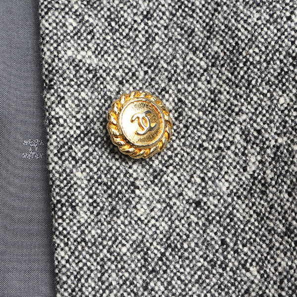 シャネル ココマークボタン リボン グレー ブラック ウール ワンピース レディース CHANEL 【中古】