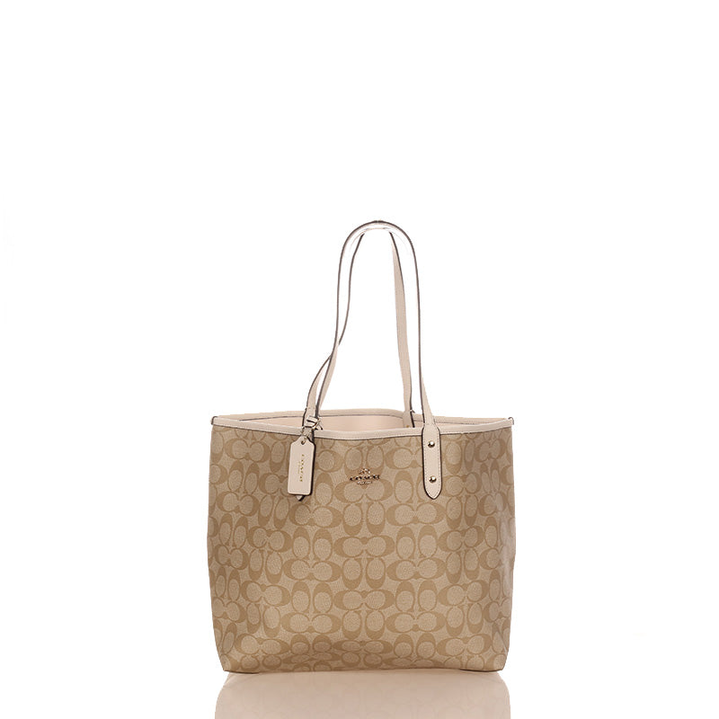 コーチ シグネチャー ベージュ ホワイト PVC レザー ショルダーバッグ トートバッグ レディース COACH 【中古】