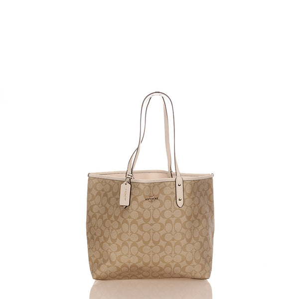 コーチ シグネチャー ベージュ ホワイト PVC レザー ショルダーバッグ トートバッグ レディース COACH 【中古】