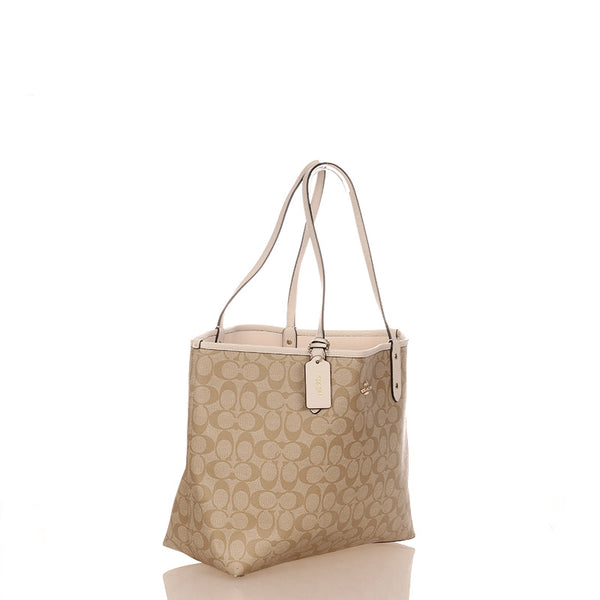 コーチ シグネチャー ベージュ ホワイト PVC レザー ショルダーバッグ トートバッグ レディース COACH 【中古】