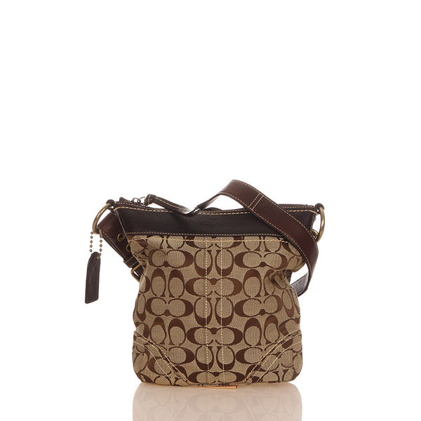 コーチ シグネチャー F10402 ブラウン ベージュ キャンバス レザー 斜め掛け ショルダーバッグ レディース COACH 【中古】