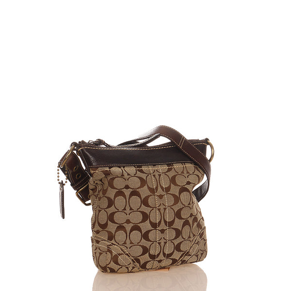 コーチ シグネチャー F10402 ブラウン ベージュ キャンバス レザー 斜め掛け ショルダーバッグ レディース COACH 【中古】