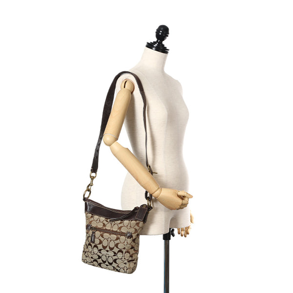 コーチ シグネチャー F10402 ブラウン ベージュ キャンバス レザー 斜め掛け ショルダーバッグ レディース COACH 【中古】