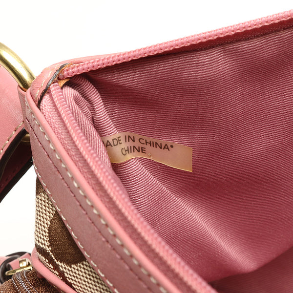 コーチ シグネチャー ベージュ ピンク キャンバス レザー 肩掛け ショルダーバッグ レディース COACH 【中古】
