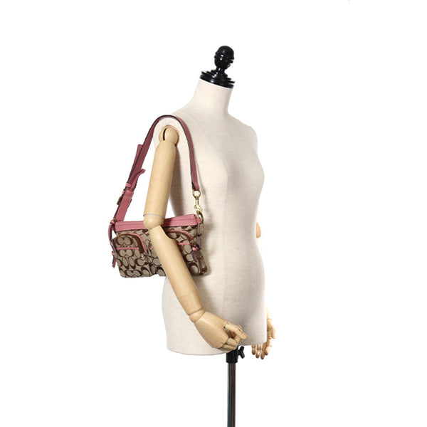 コーチ シグネチャー ベージュ ピンク キャンバス レザー 肩掛け ショルダーバッグ レディース COACH 【中古】