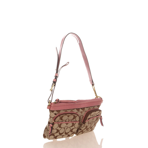 コーチ シグネチャー ベージュ ピンク キャンバス レザー 肩掛け ショルダーバッグ レディース COACH 【中古】