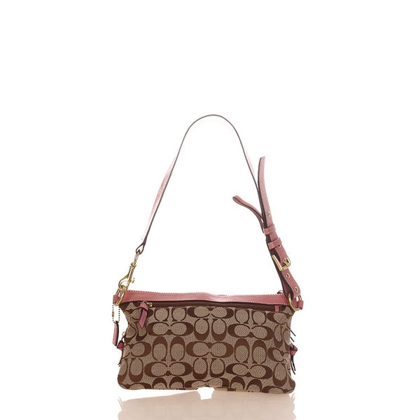 コーチ シグネチャー ベージュ ピンク キャンバス レザー 肩掛け ショルダーバッグ レディース COACH 【中古】